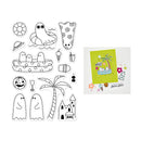 A sheet of black-and-white cartoon summer-themed die-cut stickers shown on a white background, alongside a small example card featuring one of the sticker designs.