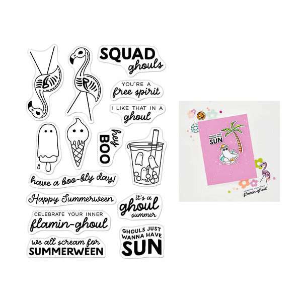 A set of clear stamp sheets with black cartoon flamingo, ghost, ice cream cone, and summer-themed phrases, shown next to a pink stamped card featuring a flamingo illustration.