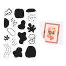 Set of black and white abstract shapes with a 'Hello Friend' card on a white background