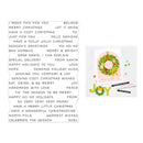 A holiday-themed card set shown on a white background, featuring a black-and-white text card with festive phrases and a colorful greeting card with a green wreath, yellow ornaments, and orange accents.