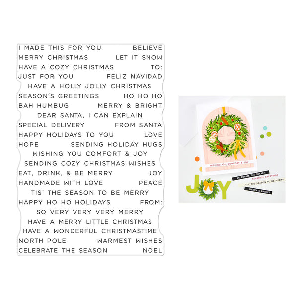 A holiday-themed card set shown on a white background, featuring a black-and-white text card with festive phrases and a colorful greeting card with a green wreath, yellow ornaments, and orange accents.