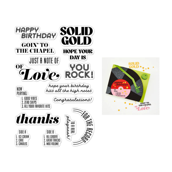 A sheet of clear stamp designs with black text phrases such as 'HAPPY BIRTHDAY', 'SOLID GOLD', 'GOIN' TO THE CHAPEL', and 'thanks', plus a small printed example card on the right showing a vinyl record and the words 'Solid Gold' and 'How to Make Love'.