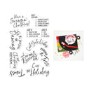 A sheet of holiday-themed temporary tattoos or decals on a white background, featuring various black script and block lettering designs like 'Have a Swingin' Christmas!' and 'Side A / Side B' lyrics, alongside a small preview of a decorated card with matching holiday graphics.