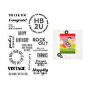 A sheet of black and white craft stamps with various typography designs, shown next to a colorful card template featuring a pink, orange, yellow, and green retro design with the words 'ROCK OUT' and 'HAPPY BIRTHDAY'.
