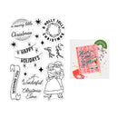 A set of Christmas-themed die-cut stickers shown on a white background, including black-and-white holiday phrases and line-art illustrations, plus a smaller inset preview of a pink patterned card with a green circular sticker.