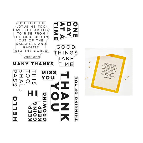 Motivational phrases and a card with text on a white background