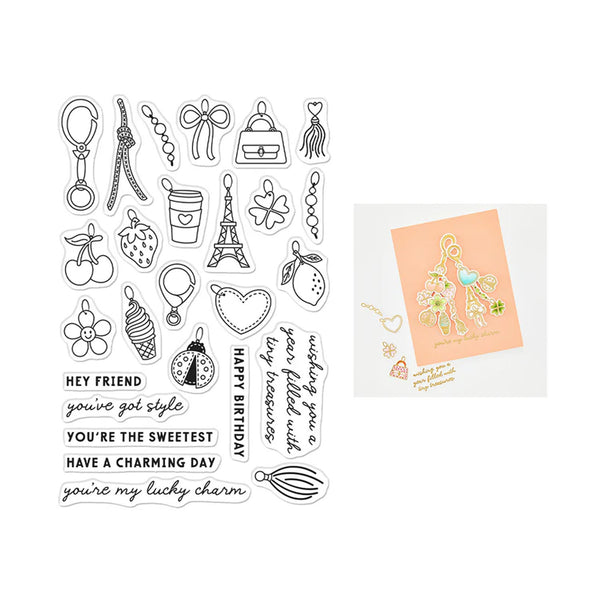 Clear stamps with various designs and text on a white background