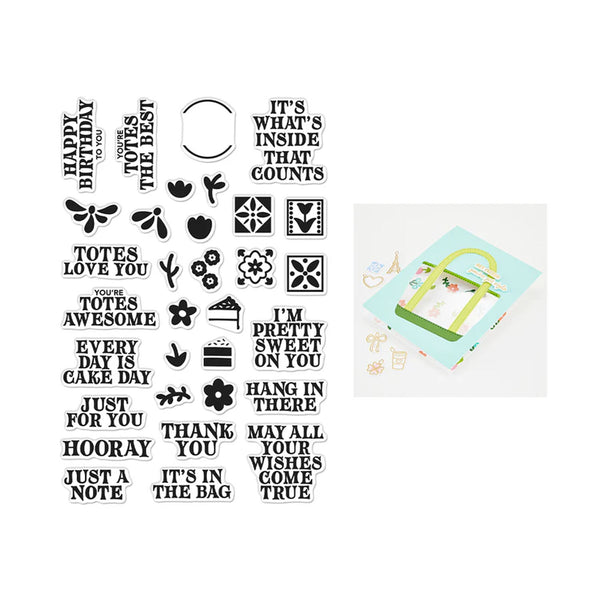 Collection of black stamps with various phrases on a white background, with a card featuring a green bag and cat illustration in the corner.
