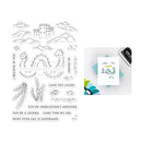 Set of stamps with sea-themed designs and text, including a castle and seahorse, on a white background.