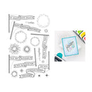 Set of clear stamps with various phrases and a completed card with one of the phrases.