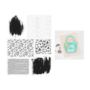 Collection of black and white patterned cards and a birthday card with a blue lock design on a white background.