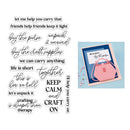 Set of clear stamps with various phrases and a pink handbag on a card in the corner.