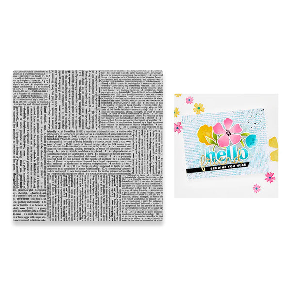 Notebook with text on one side and a floral 'hello' card on the other, on a white background.