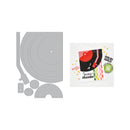 A vinyl record themed crafting kit shown on a white background, featuring a gray metal die-cut cutting template of a turntable and accessories on the left, and a colorful paper pack with retro vinyl graphics and text on the right.