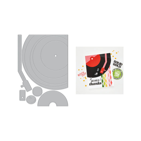 A vinyl record themed crafting kit shown on a white background, featuring a gray metal die-cut cutting template of a turntable and accessories on the left, and a colorful paper pack with retro vinyl graphics and text on the right.