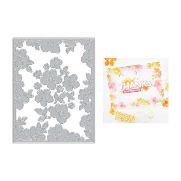 Floral die-cutting template with a sample card featuring 'Thanks for everything' text.