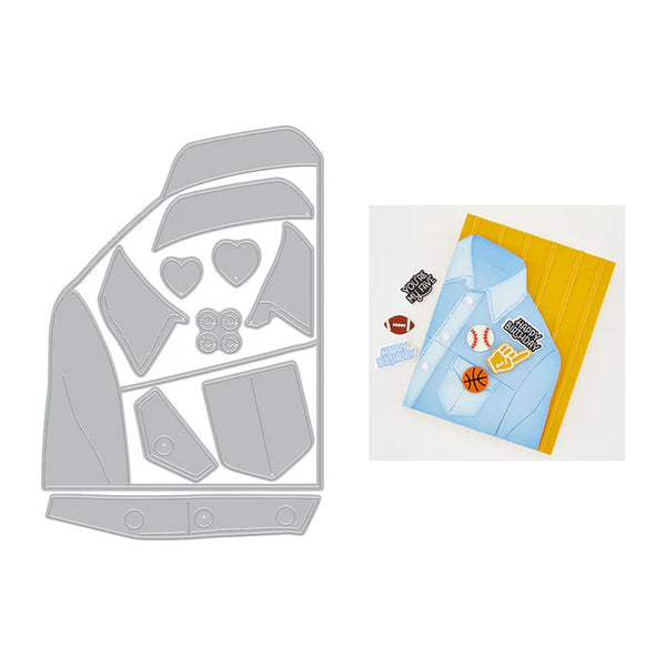 Metal die cut shape with a sample card featuring sports-themed stickers on a white background