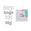 Metallic letter stamps spelling 'hugs', 'big hugs', and 'big' with a card featuring colorful text and illustrations.