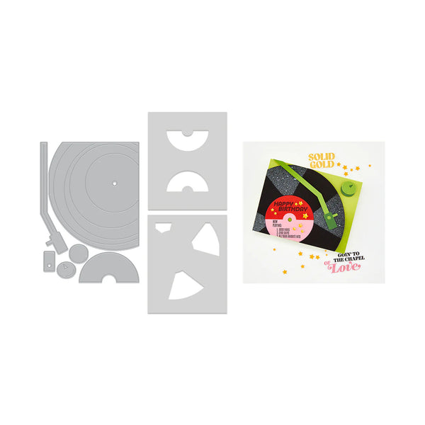 A flat lay of craft dies on a white background, featuring a vinyl record and LP template set alongside a decorative paper sample card with the text 'SOLID GOLD' and 'Love'.