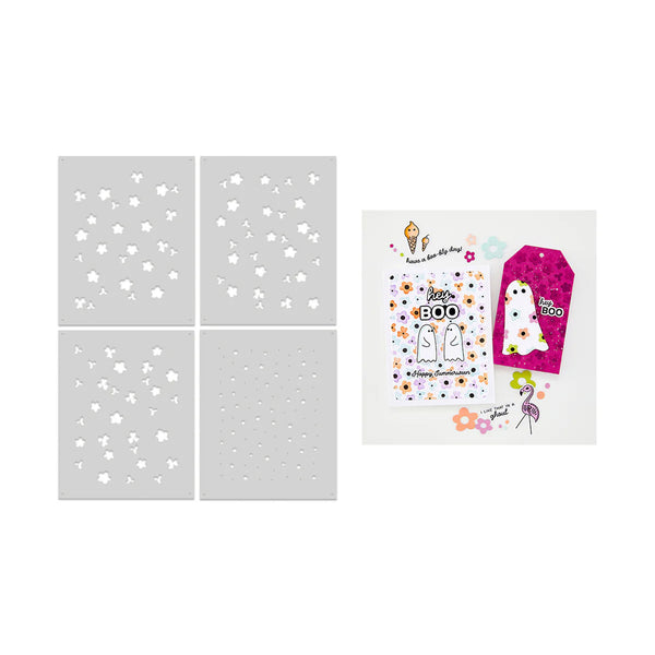 Set of star-patterned stencils and decorative greeting cards on a white background
