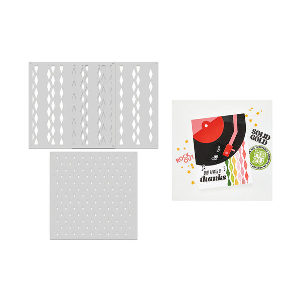 Three craft dies and a sample stamped card shown on a plain white background. The set includes two rectangular metal stamping plates, one with repeating diamond-shaped cutouts and one with small circular perforations, plus a stamped card featuring a vinyl record graphic and decorative text.