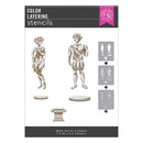 Color layering stencils with classical figures and architectural elements on a white background.