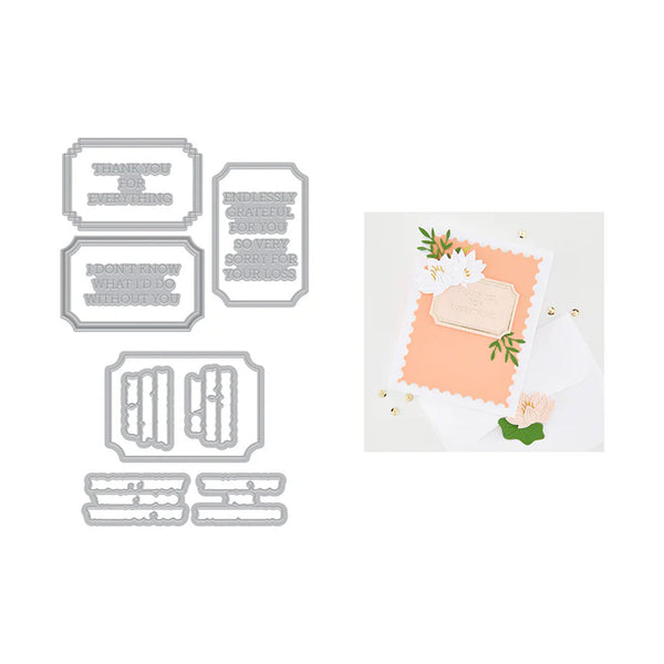 Set of metal dies for crafting with a sample card in the background