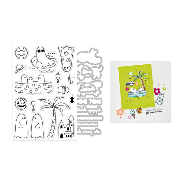 A sheet of black-and-white Halloween-themed die-cut stickers shown next to a colorful example card featuring a beach scene with a palm tree, pool float, ghosts, and flowers. The right side shows a finished card with the text 'happy Halloween' and 'flower garden' printed below the artwork.
