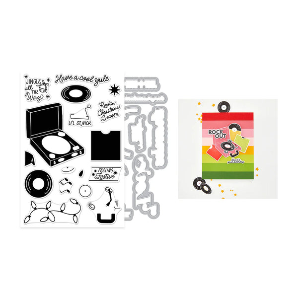 A craft die-cut sticker sheet and matching metal dies shown on a white background, alongside a colorful example card featuring vinyl record graphics and text like 'Junk it all the way!' and 'Rock it out!'.