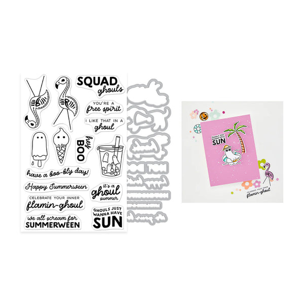 A summer-themed stamp set and card design featuring flamingos, ice cream, a drink, and playful phrases like 'SQUAD ghouls' and 'BOO'. The left side shows black-and-white stamp designs and a die, while the right side shows a pink card with a tropical flamingo illustration.