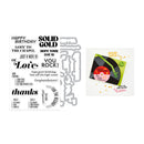 A clear stamp set sheet with multiple birthday-themed text stamps shown alongside a matching metal die, next to a small sample card featuring the design. The card includes a black glitter background, a green envelope, a pink record graphic, and gold confetti accents.