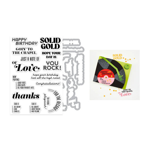 A clear stamp set sheet with multiple birthday-themed text stamps shown alongside a matching metal die, next to a small sample card featuring the design. The card includes a black glitter background, a green envelope, a pink record graphic, and gold confetti accents.