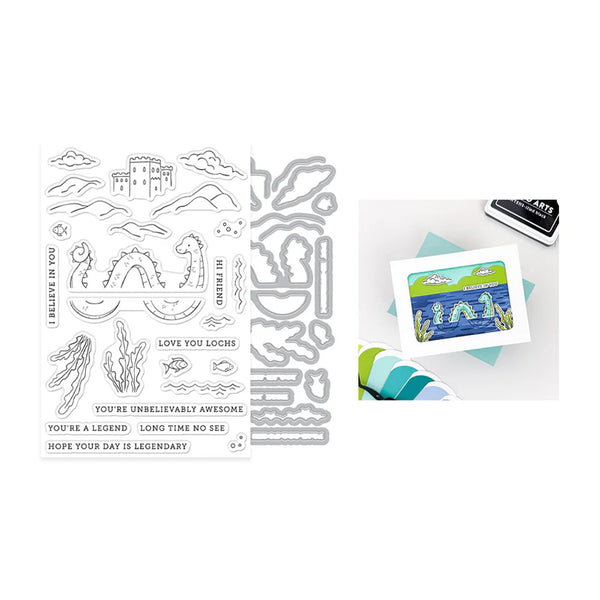 Set of stamps with various designs and a stamped card on a white background