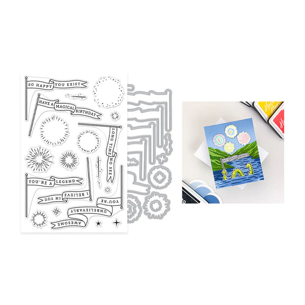Set of metal stamps with decorative designs on a white background, next to a colorful greeting card.