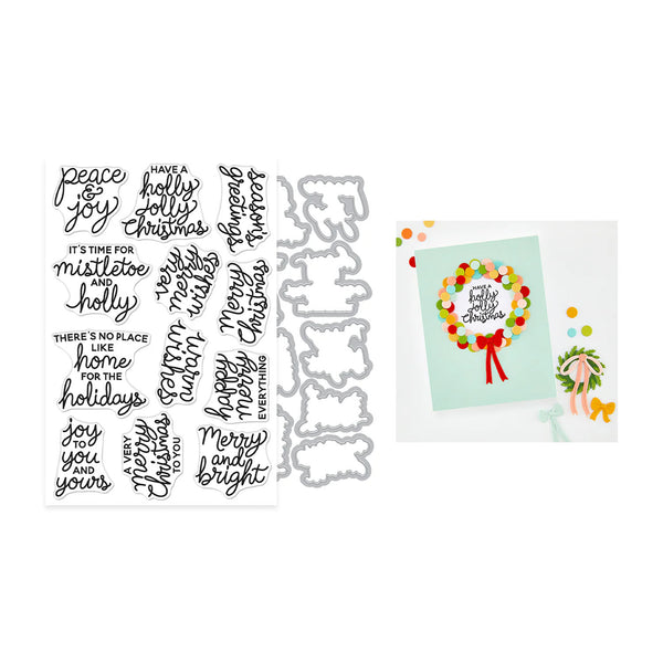 A Christmas-themed crafting set featuring a clear stamp sheet with festive hand-lettered holiday phrases, a metal die cut sheet, and a finished sample card displaying a colorful wreath and the phrase 'Merry and bright'.