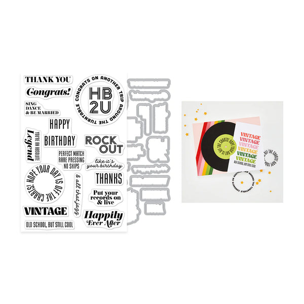 A sheet of clear acrylic stamping templates with black text designs and a matching die-cut metal frame, shown next to a sample stamped card featuring retro vinyl record graphics.