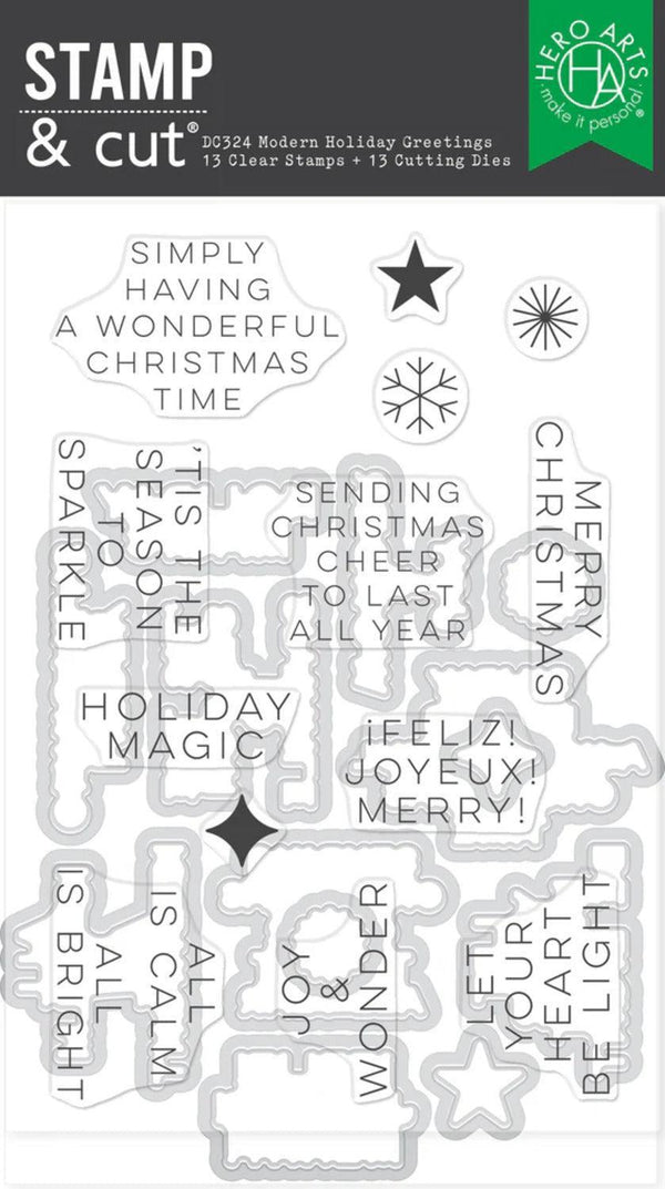 Hero Arts Very Merry Stamp & Cut Set - Modern Holiday Greetings