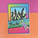 Colorful card with lavender and dragonfly design on a multicolored background