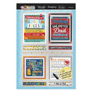 Sheet of Father's Day-themed stickers with various designs on a blue border.