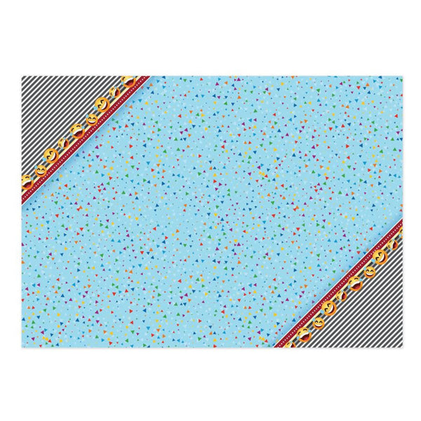 Placemat with colorful dot pattern and striped border on a white background