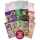 Collection of decorative paper sheets with artistic designs, including a label indicating 20 sheets included.