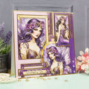 Decorative greeting card with artistic illustrations of a woman in a purple dress and floral headpiece, set against a gray background.