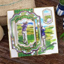 Greeting card with golf-themed design on a wooden surface