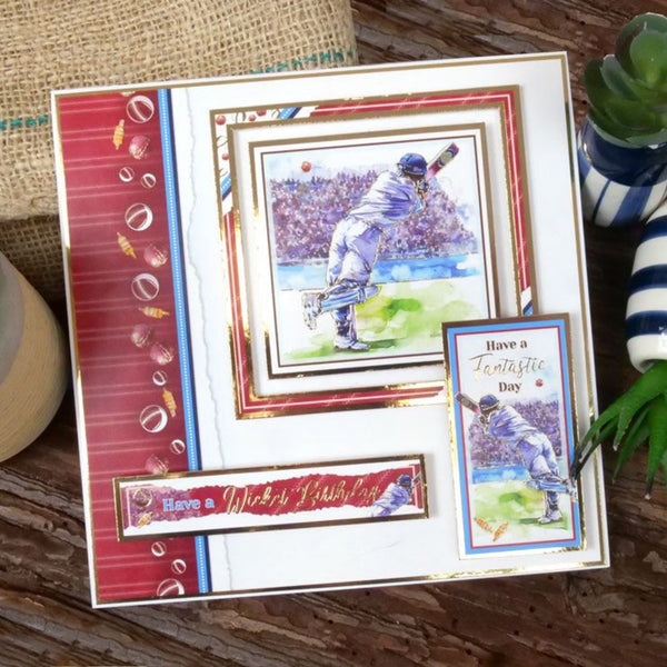 Greeting card with a baseball player design on a wooden surface