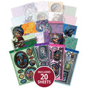 Collection of colorful sticker sheets with a 'includes 20 sheets' label on a white background