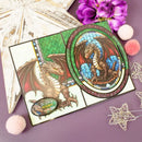 Stained glass-style dragon card with decorative elements on a purple background