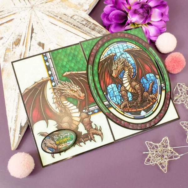 Stained glass-style dragon card with decorative elements on a purple background