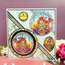 Colorful castle design with stained glass effect on a card, featuring a brand logo in the corner.