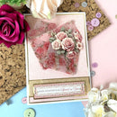 Greeting card with floral design and decorative elements on a colorful background