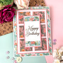 Floral birthday card with 'Happy Birthday' text on a decorative background with flowers and buttons.
